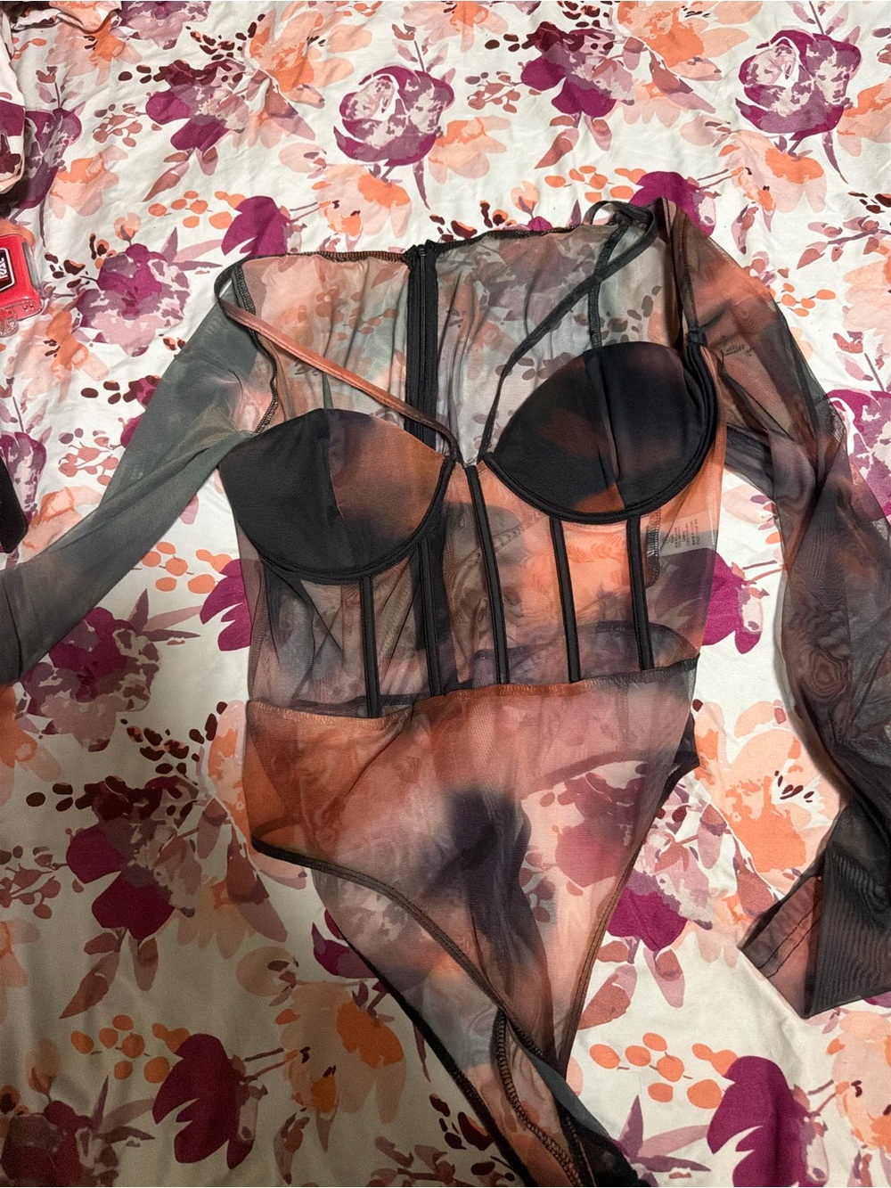 Sheer Mesh Long-Sleeve Bodysuit in Black and Rust